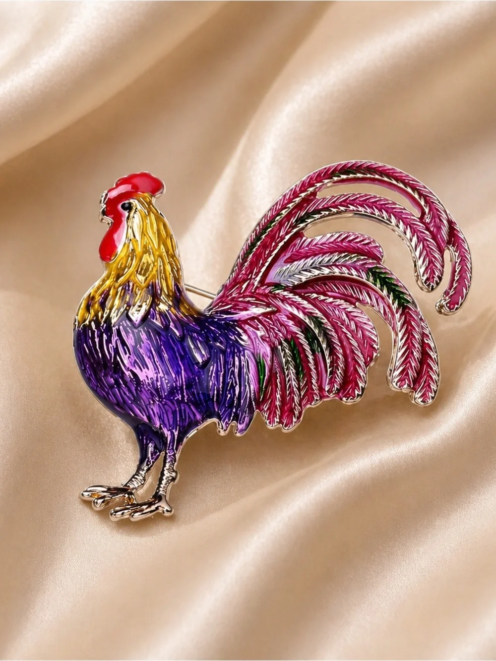 Purple Rooster Gold Brooch